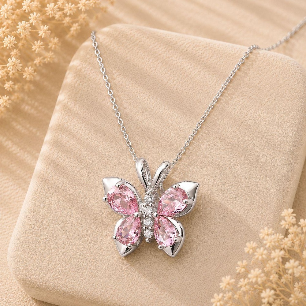Vintage Pink Swarovski Crystal Butterfly Necklace Sterling Overlay 16" Chain